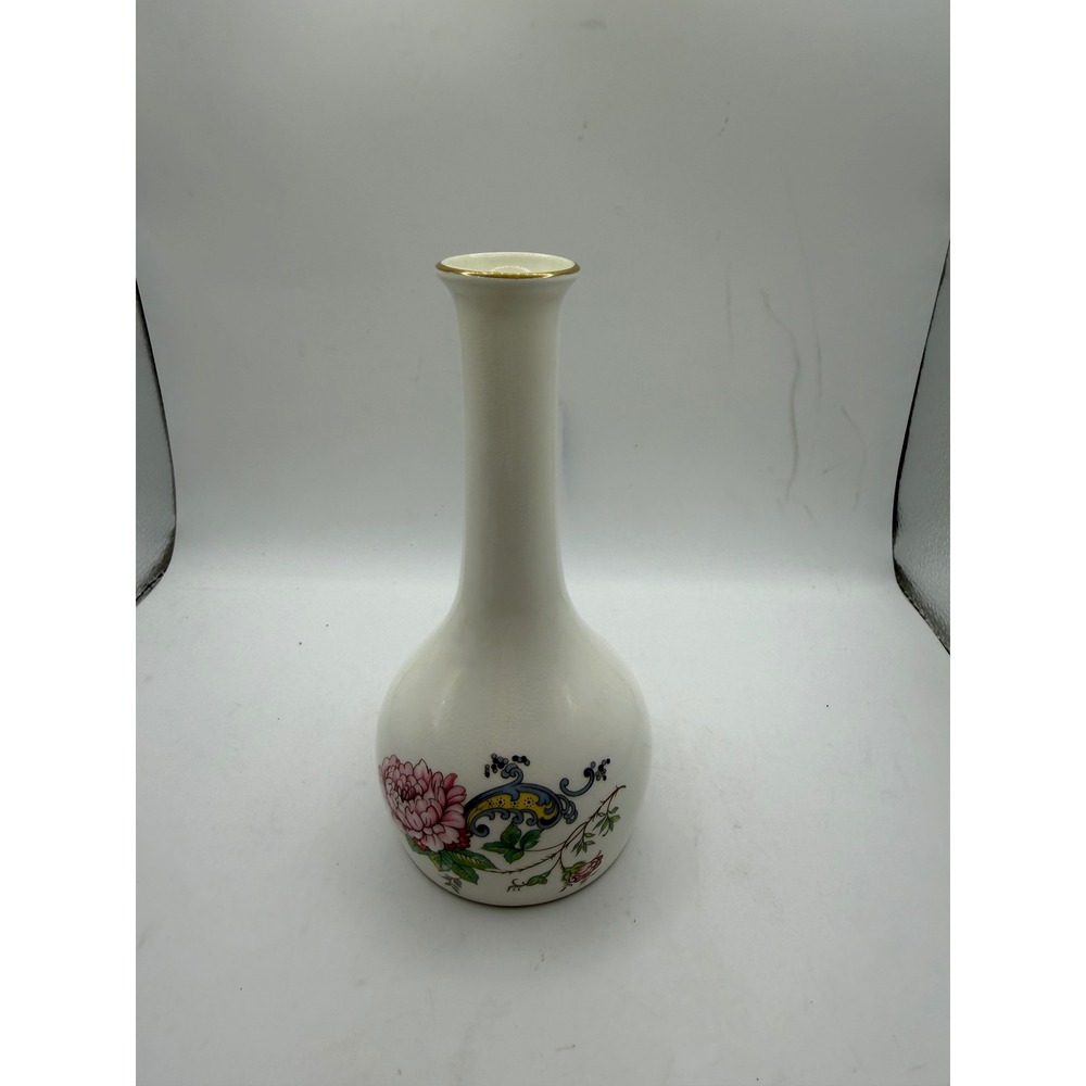 Crown Staffordshire Chelsea Manor Fine Bone China Bud Vase Floral Gold Trim 6"